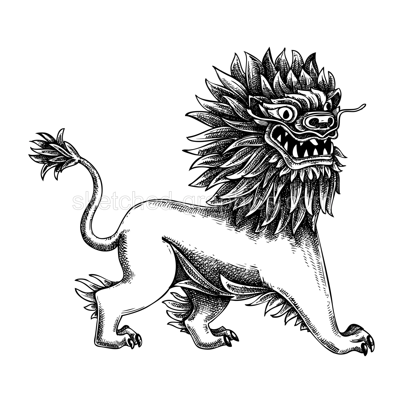 Vector sketch of magical lion in Chinese style. Hand-drawn fantastic animal character vector illustration. NOT AI generated Illustration